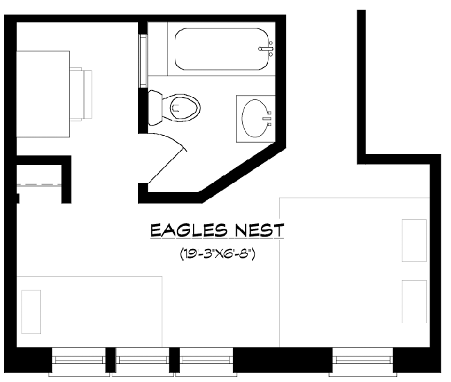 schematic drawing of room layout with king bed, twin bed, desk and tub/shower, sink & toilet.