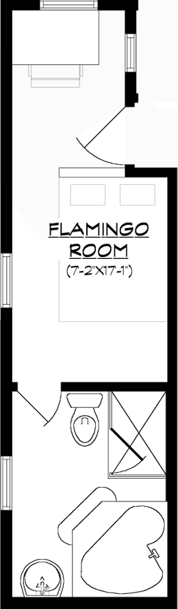 schematic drawing of room showing queen bed, desk, and 2 person whirlpool tub and separate walk-in shower & toilet layout in en-suite bathroom