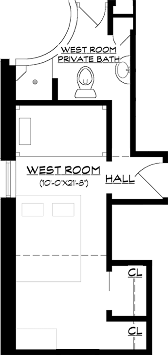 schematic drawing of room layout with queen bed, two bunk style twin bed, and bathroom with shower, two sinks & toilet.