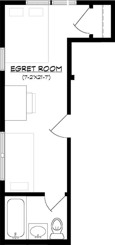 schematic drawing of room layout with queen bed, twin bed, desk and tub/shower, sink & toilet.