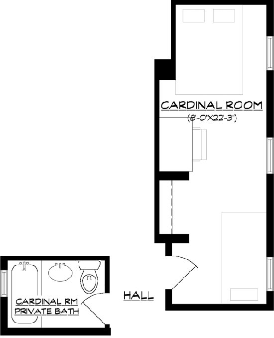 room schematic showing where queen bed, twin bed, desk and closet.  separate schematic shows private bathroom with tub & shower