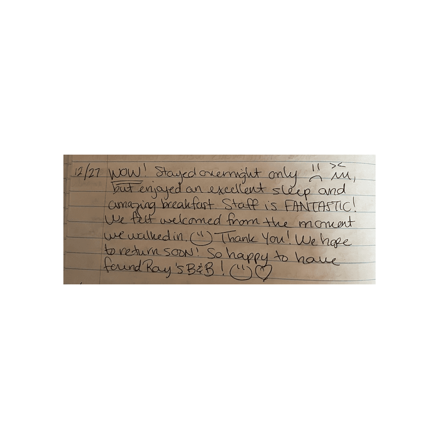 A handwritten note expressing gratitude for a wonderful stay at a B&B, highlighting excellent sleep, amazing breakfast, and fantastic staff.