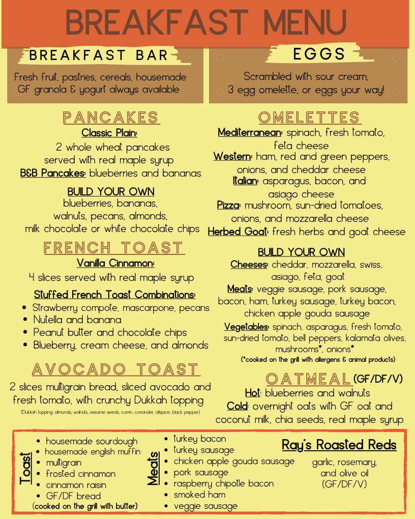 Breakfast menu featuring a variety of options like pancakes, French toast, omelettes, avocado toast, and oatmeal.