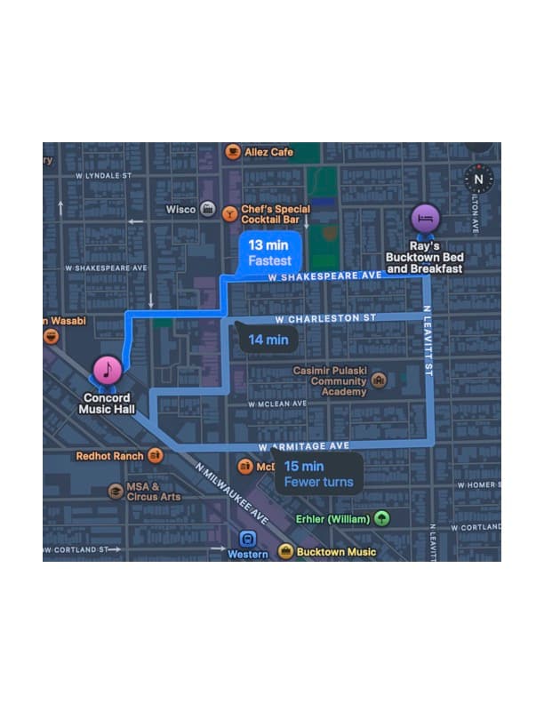 Map showing directions from Concord Music Hall to Ray's Bucktown Bed and Breakfast with estimated travel times.